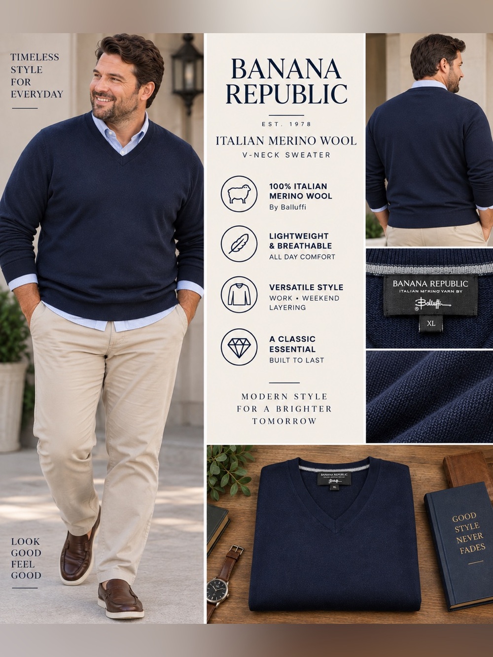 Banana Republic Men’s XL Navy Blue 100% Italian Merino Wool V-Neck Sweater